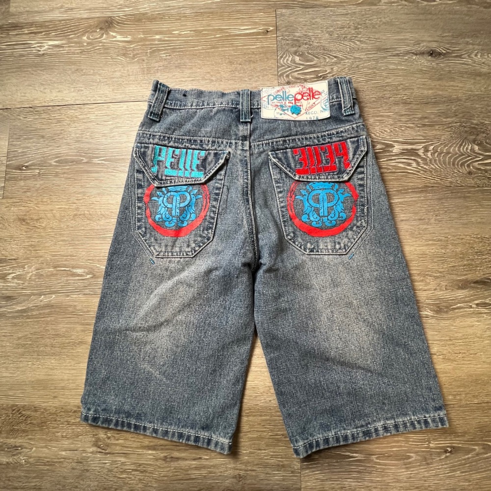 Pelle Pelle Denim Shorts Boys 8 Blue Baggy Embroidered Y2K Hip Hop Streetwear
